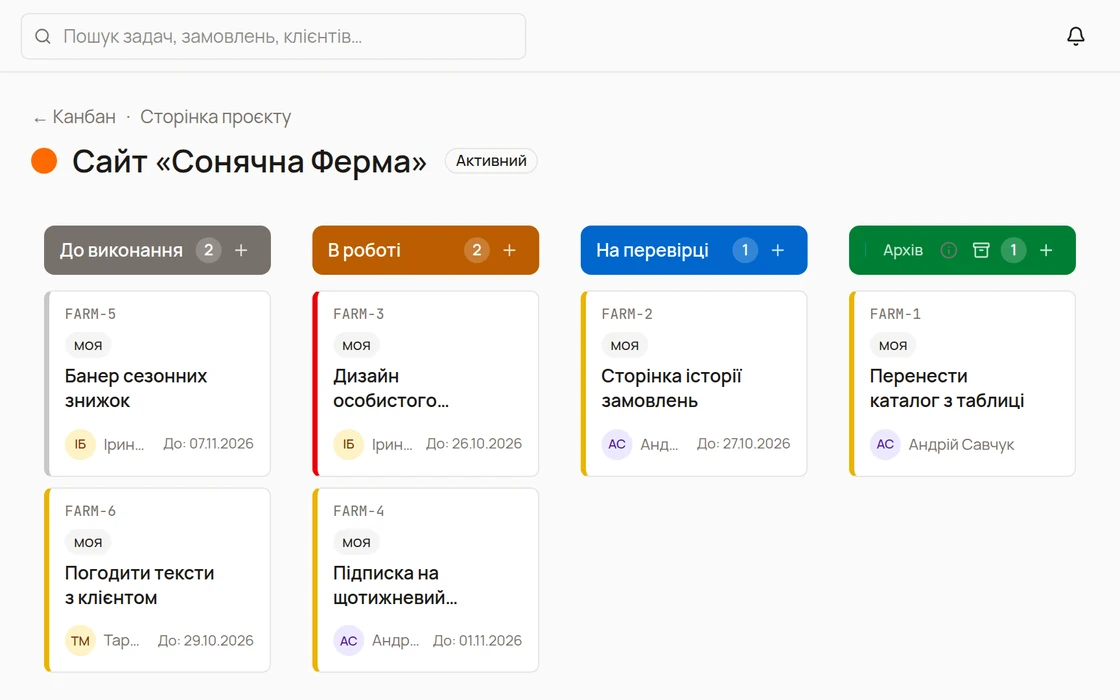 Канбан проєкту в 1krok CRM: задачі в колонках «До виконання», «В роботі», «На перевірці» й «Архів»